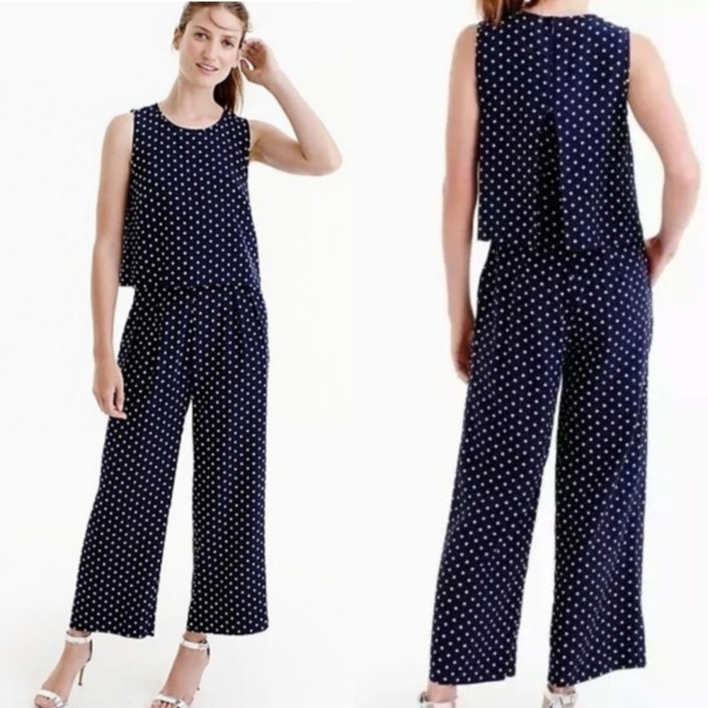 J Crew Silk Polka dot overlay wide leg jumpsuit
